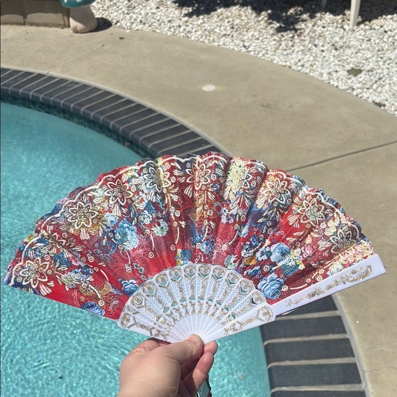 Red Colorful Floral Hand Fan - Picture 1 of 4